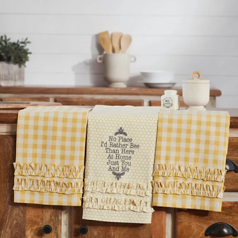 Honey Bee Cotton Ruffled Tea Towel Set of 3 Farmhouse Sunny Yellow Plaid